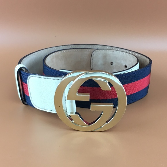 Gucci Accessories - Gucci Red Navy GG Stripe Gold Buckle Leather Belt